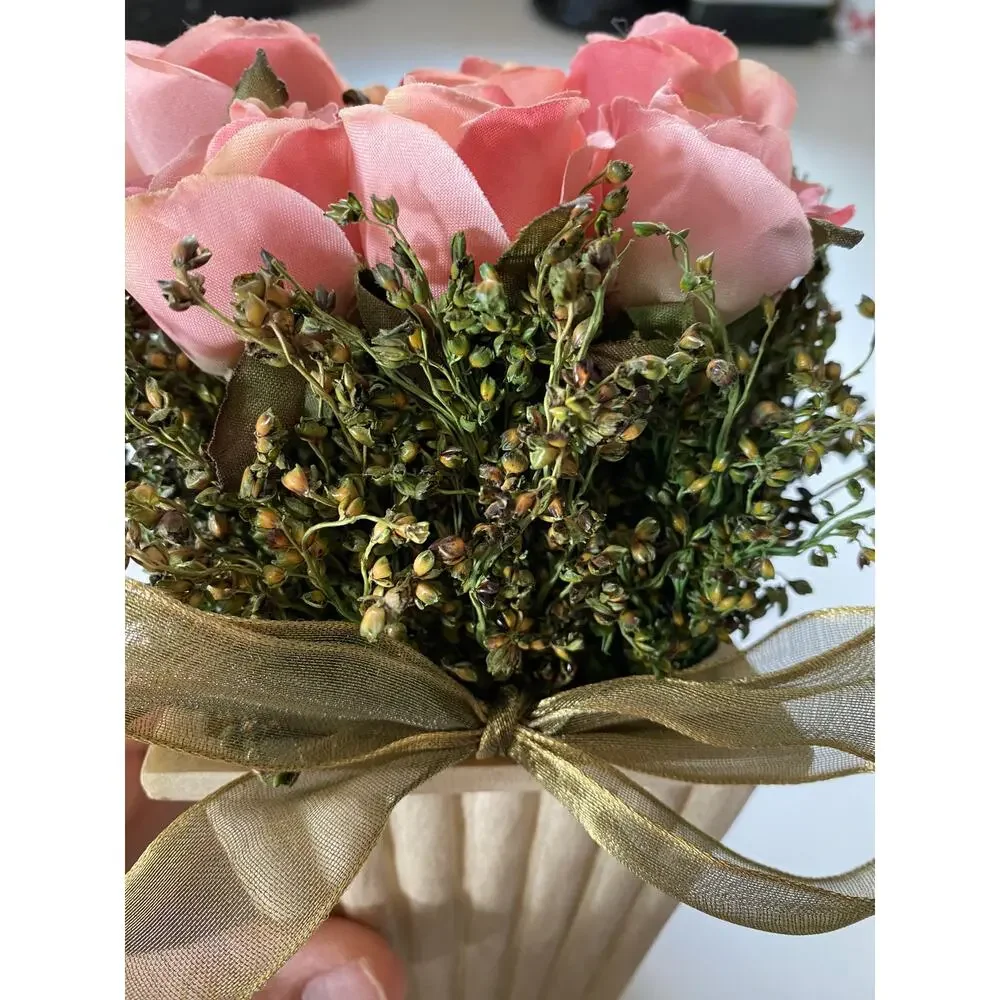 Petite Urn with 9 Pink‎ Mini Rose Fabric Flowers & Greenery Organza Ribbon